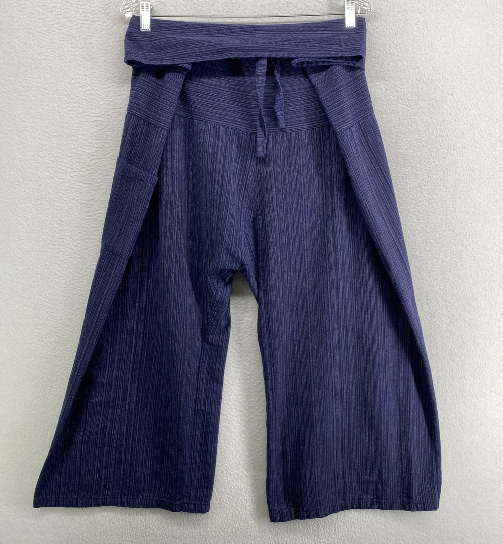 THAI FISHERMAN Pants OS Striped Cropped Wide Drop Crotch Foldover Waistband Blue